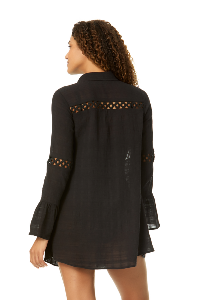 Women's Black Bell Sleeve Crochet Trim Cover Up