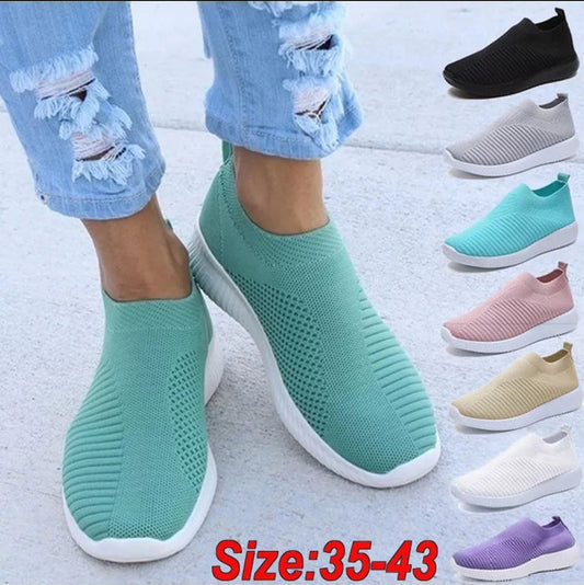 Womens Knitted Sock Sneakers - Slip On Flat Shoes