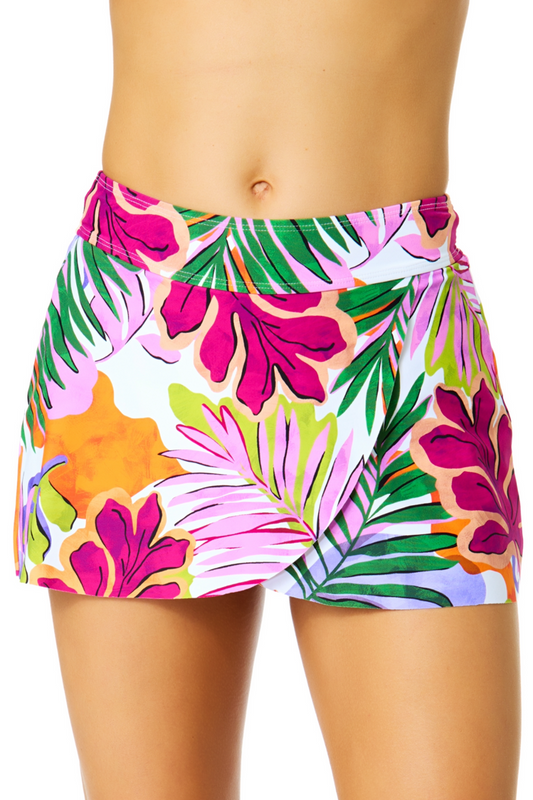 Women's Mod Tropical Drape Front Mid Rise Swim Skirt Bottom