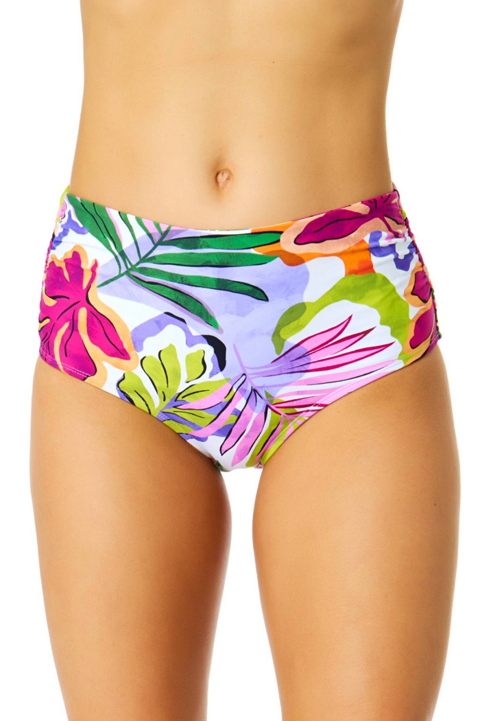 Women's Mod Tropical Fold Over High Waist Shirred Bikini Swim Bottoms