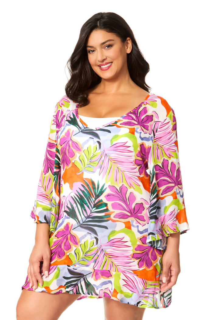 Women's Plus Mod Tropical Flounce V Neck Tunic Swimsuit Cover Up