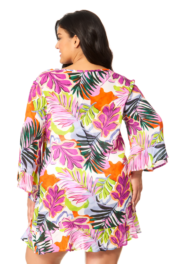 Women's Plus Mod Tropical Flounce V Neck Tunic Swimsuit Cover Up