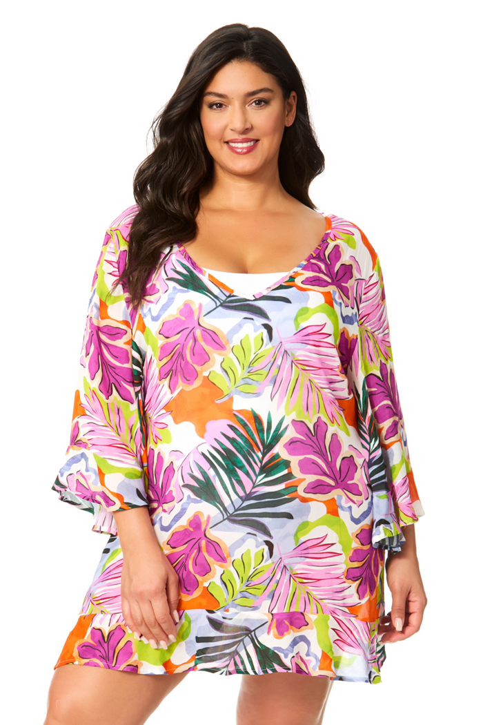 Women's Plus Mod Tropical Flounce V Neck Tunic Swimsuit Cover Up