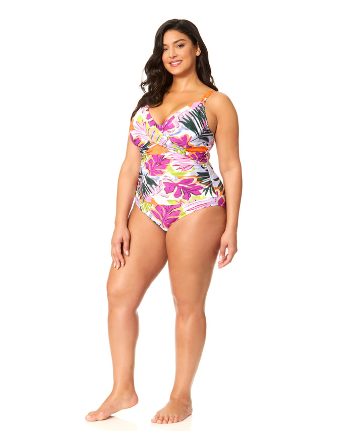 Women's Plus Mod Tropical Hidden Underwire Drape Front One Piece Swimsuit