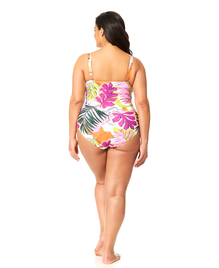 Women's Plus Mod Tropical Hidden Underwire Drape Front One Piece Swimsuit