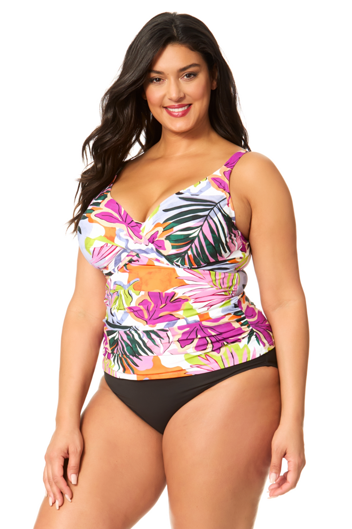 Women's Plus Mod Tropical Hidden Underwire Drape Front Tankini Swim Top