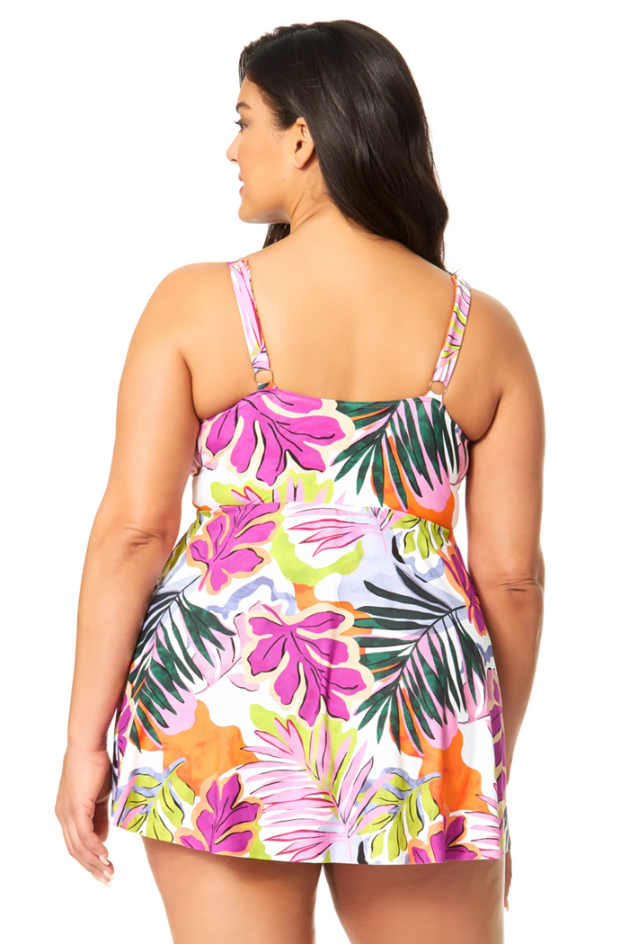 Women's Plus Mod Tropical Swim Dress With Skirted Bottom