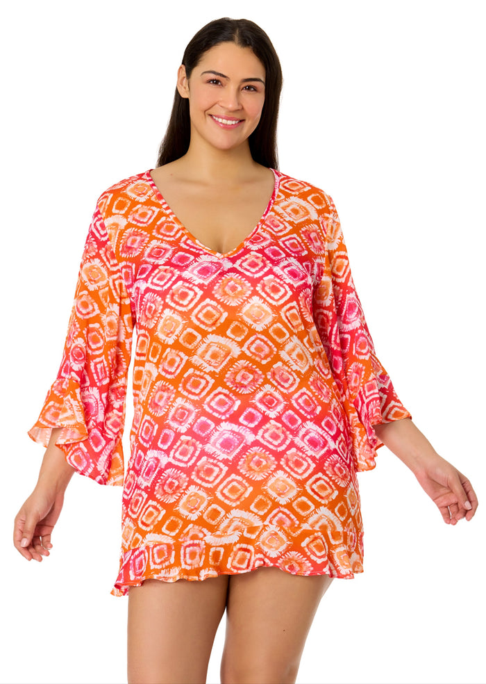 Women's Plus Tie Dye Foulard Flounce V Neck Tunic Swimsuit Cover Up