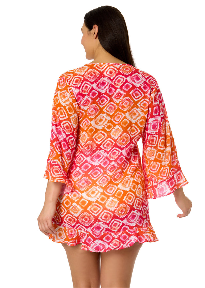 Women's Plus Tie Dye Foulard Flounce V Neck Tunic Swimsuit Cover Up