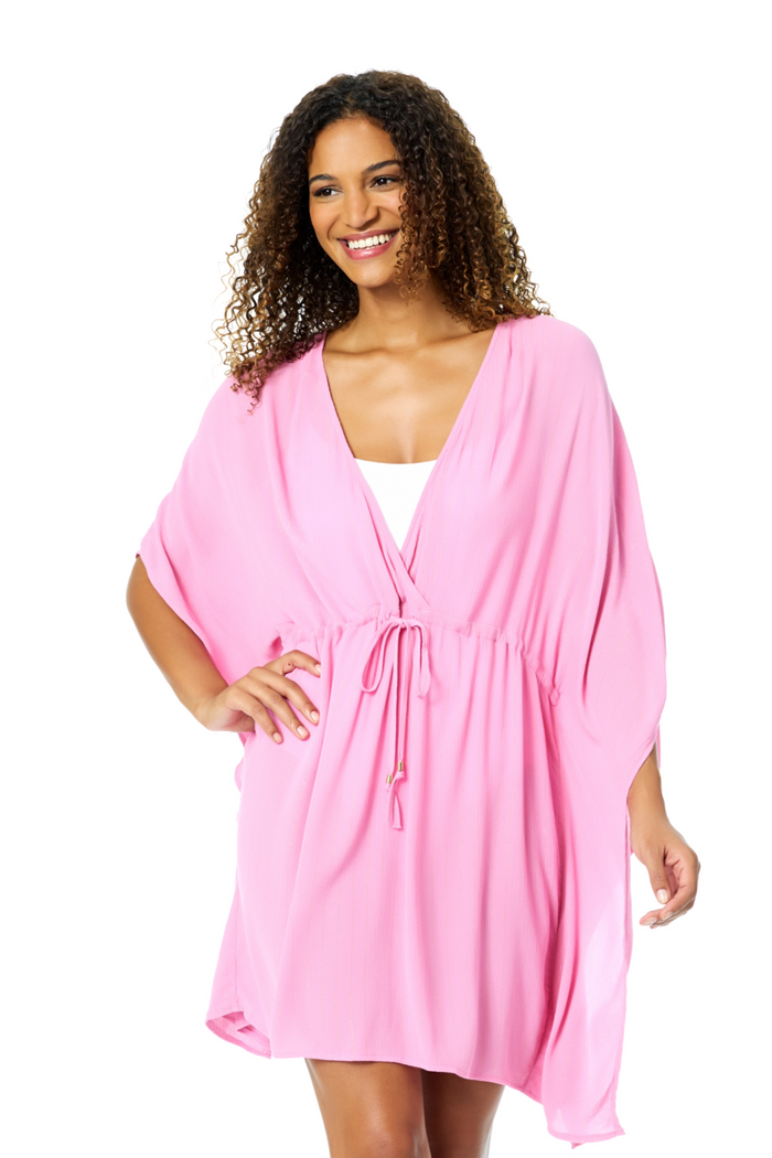 Women's Soft Pink V Neck Kimono With Drawstring Waist Detail Cover Up