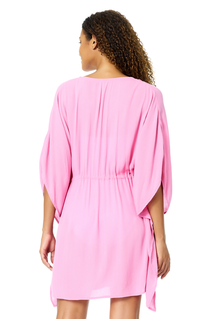 Women's Soft Pink V Neck Kimono With Drawstring Waist Detail Cover Up