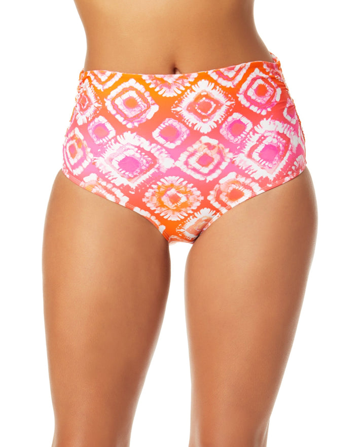 Women's Tie Dye Foulard Fold Over High Waist Shirred Bikini Swim Bottom - FINAL SALE