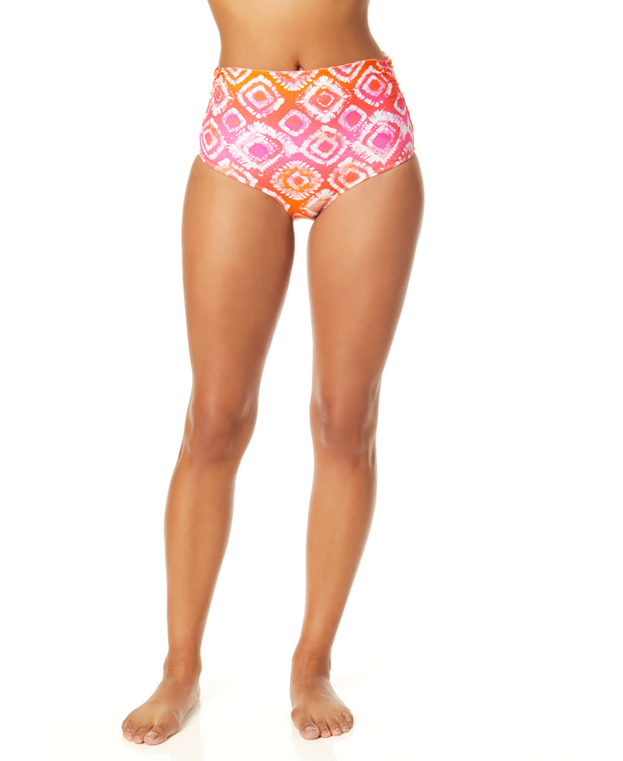 Women's Tie Dye Foulard Fold Over High Waist Shirred Bikini Swim Bottom - FINAL SALE