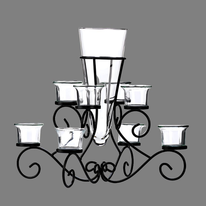 wrought iron scrollwork centerpiece candle stand with vase