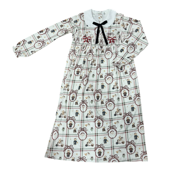 Xmas Festive Bears Mom Smocked Long Gown in Santa and teddy bear Christmas print