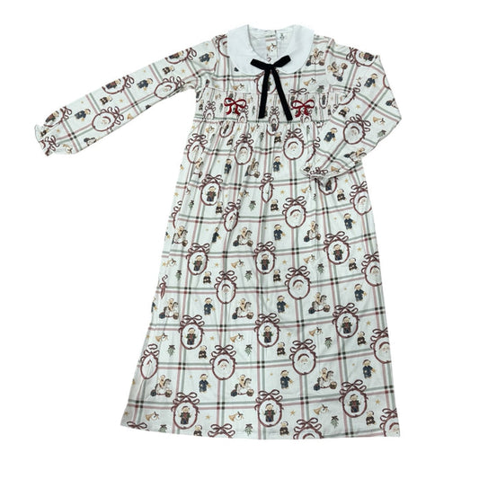 Xmas Festive Bears Mom Smocked Long Gown in Santa and teddy bear Christmas print
