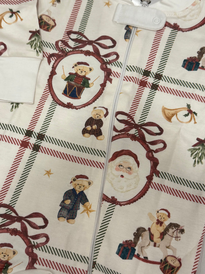 Close-up of Festive Bears holiday print on Pima cotton footie babygrow