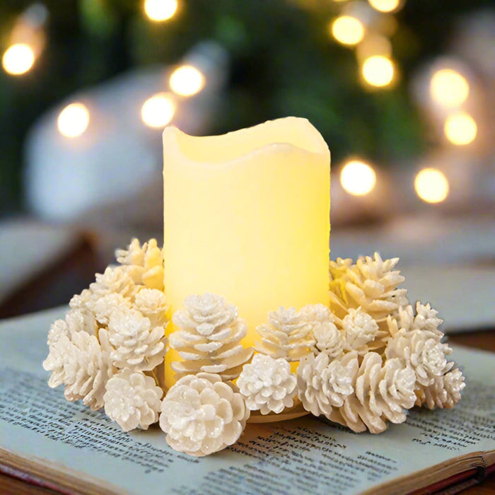 yuletide frosted pinecones candle ring 3 inch