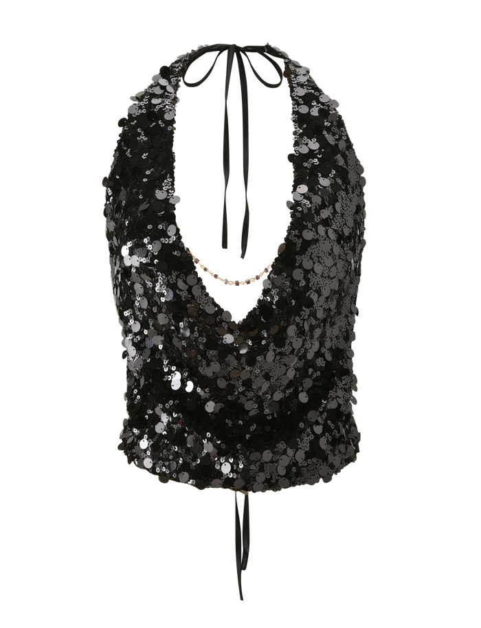 The ZANA TOP - BLACK SEQUIN by TIGERMIST is a sleeveless halter with a deep cowl neck, tie details at the neck and back, and shimmering silver sequins throughout.