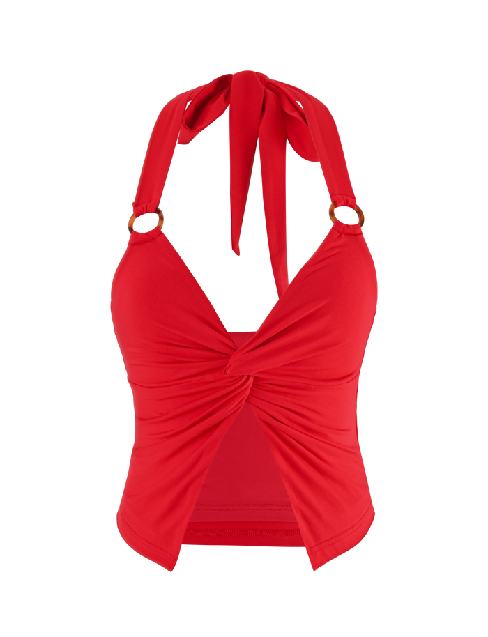 The ZENEVA TOP - RED by TIGERMIST is a vibrant halter in buttery jersey, featuring a front twist knot, open front detail, and wide neck-tie straps.