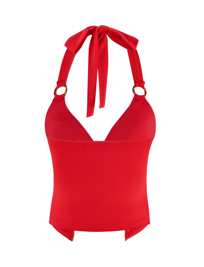 The ZENEVA TOP - RED by TIGERMIST is a halter-neck bikini top with a fitted, extended band below the bust, gold and tortoise shell ring detail on the straps, and a neck tie.