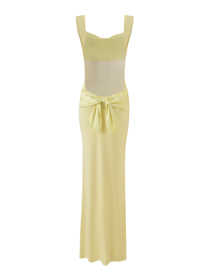 The TIGERMIST ZITA MAXI DRESS in Lemon is a pastel yellow, sleeveless dress with wide straps, a square neckline, fitted bodice, straight bodycon silhouette, and a large satin waist bow. Displayed on a plain background.