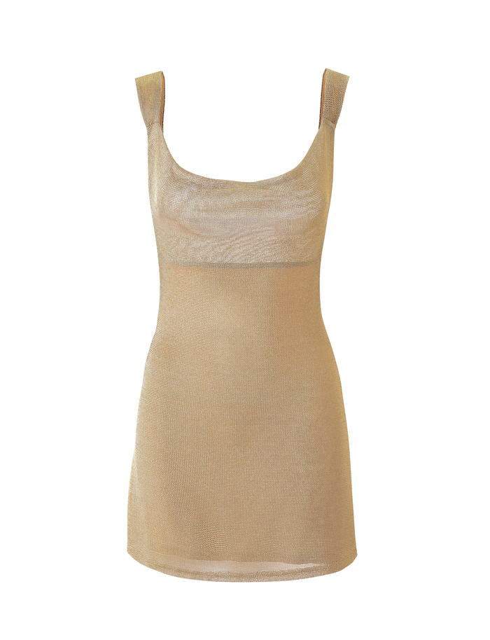 Sleeveless and fitted, the ZITA MINI DRESS - GOLD by TIGERMIST features a scoop neckline and mini length, shown on a plain white background.